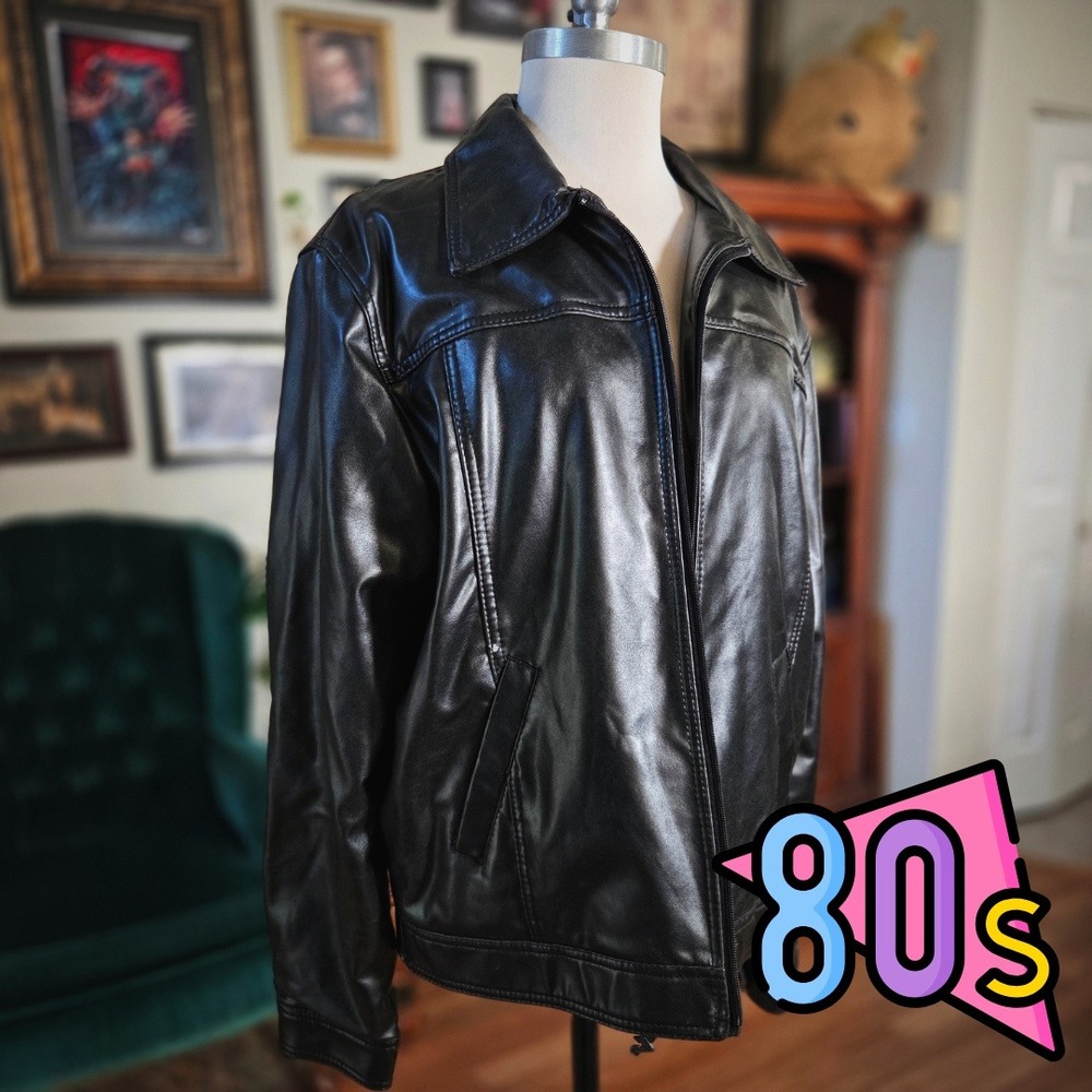 Vintage 80s CA Armani Collezioni Black Faux Leather Moto Jacket Zip Front Unisex